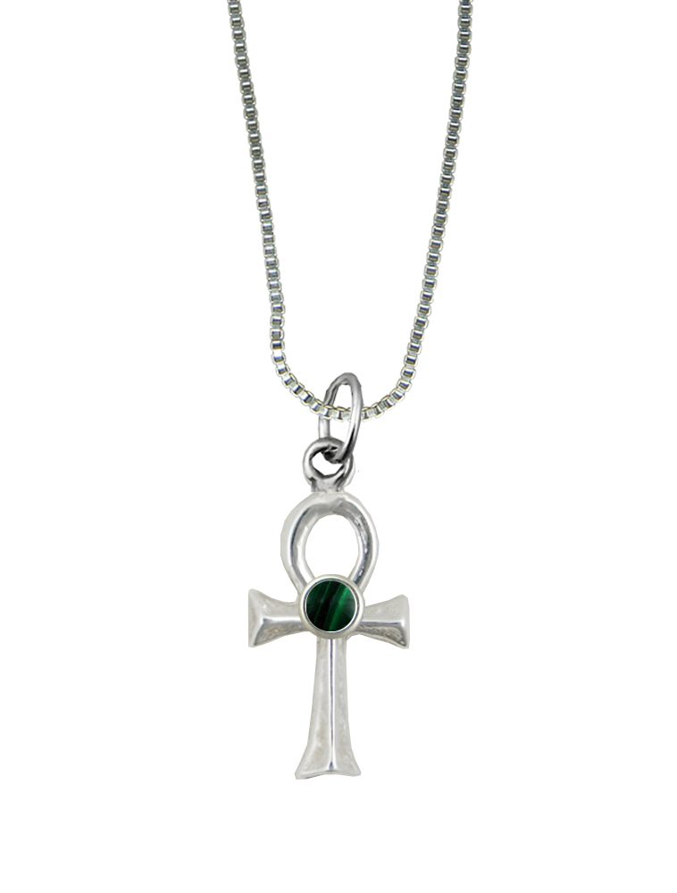 Sterling Silver Sacred Egyptian Ankh Pendant With Malachite